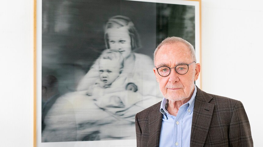 Colour photo of artist Gerhard Richter in his Cologne studio before the picture: Aunt Marianne.