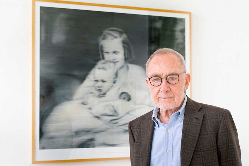 Colour photo of artist Gerhard Richter in his Cologne studio before the picture: Aunt Marianne.