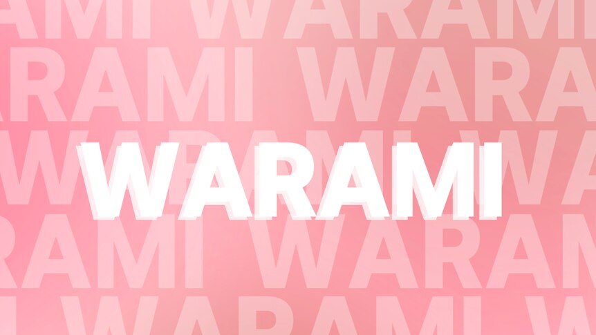 the word 'WARAMI' is written in bold white text with a soft pink background.