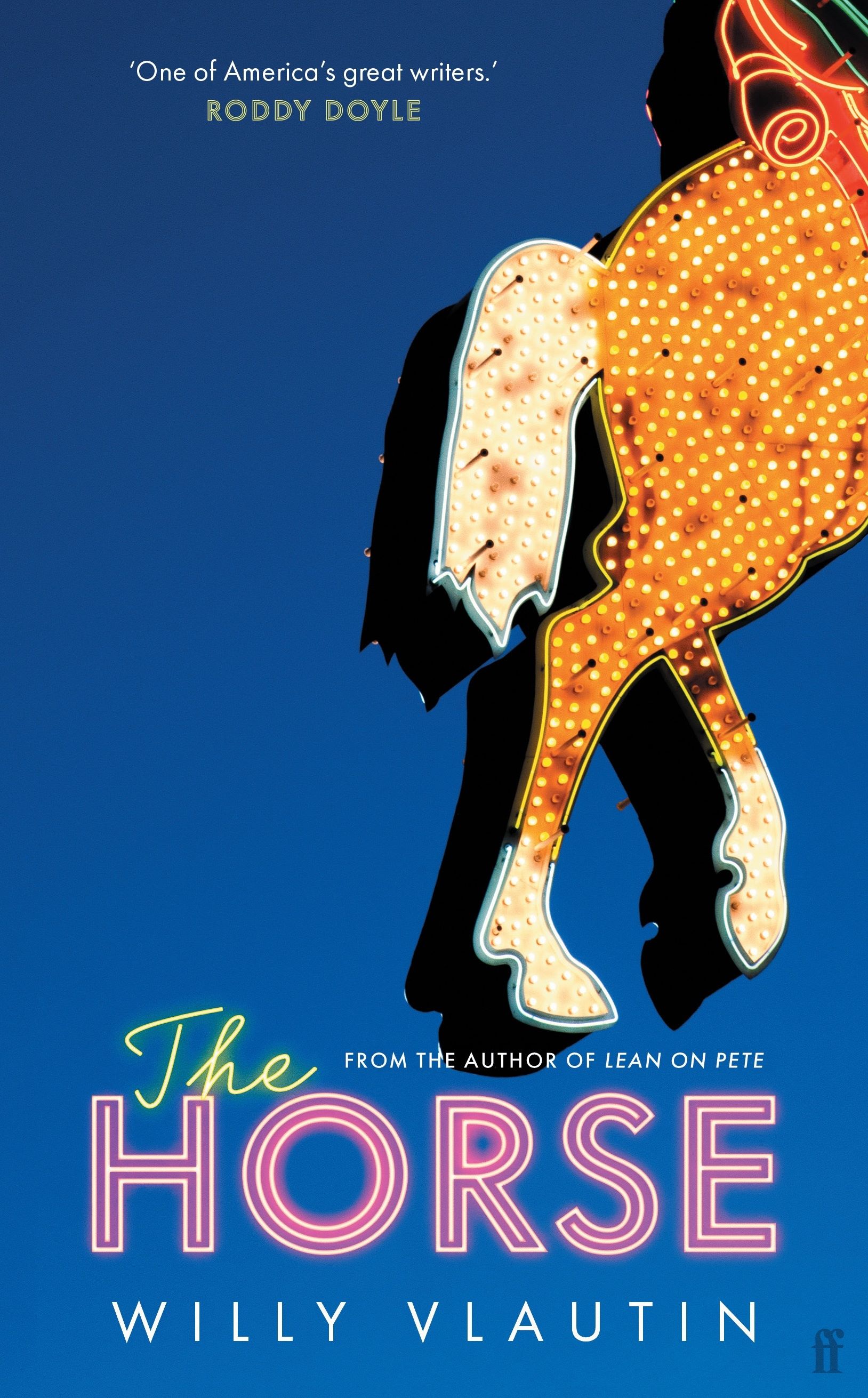 Cover of The Horse; a blue background showing the hind legs of a horse made of lights; the title also appears to be in lights