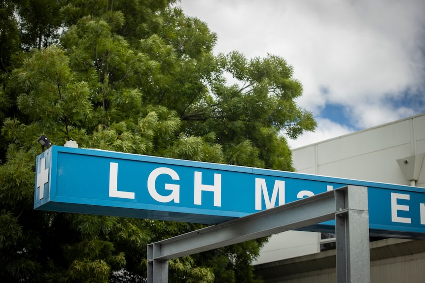 A blue sign with white lettering saying LGH at the Launceston General Hospital.
