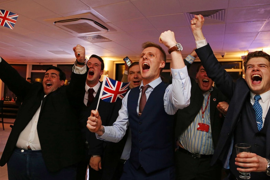 Leave supporters wave flags and cheer.