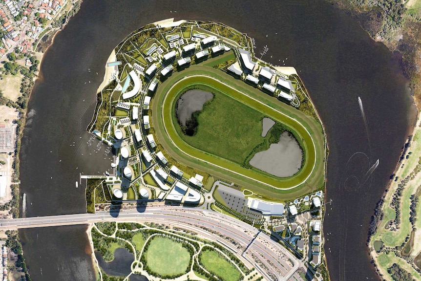 An artist's impression of the Belmont Park development as seen from a satellite