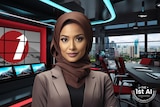 A female AI news reader in a headscarf in a studio. 