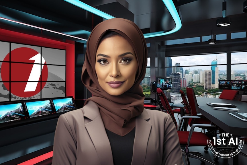 A female AI news reader in a headscarf in a studio. 