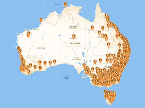 A map of Australia shows the number of public electric vehicle chargers available across Australia.