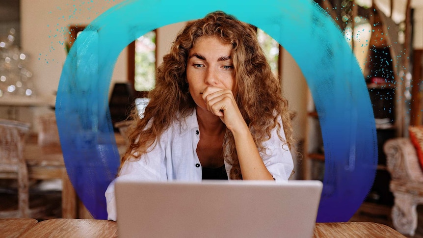 Woman looks at laptop with illustrated circle behind her
