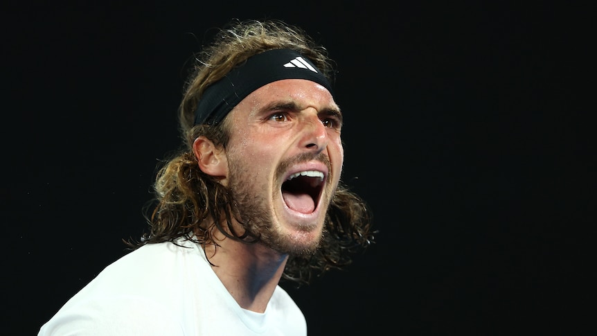 Stefanos Tsitsipas shouts during a match against Jiri Lehecka at the Australian Open.