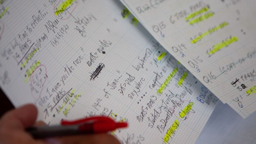 A close up view of notes and letters highlighted on grid paper