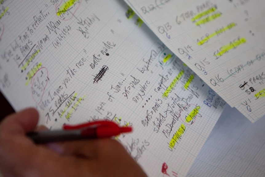 A close up view of notes and letters highlighted on grid paper