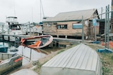 The Empire Bay boatshed with paint peeling off, and a boat half sunk, and a fence surrounding it.