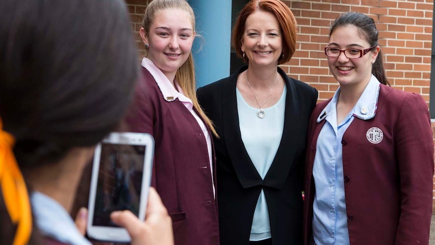 Julia Gillard has her photo taken with students
