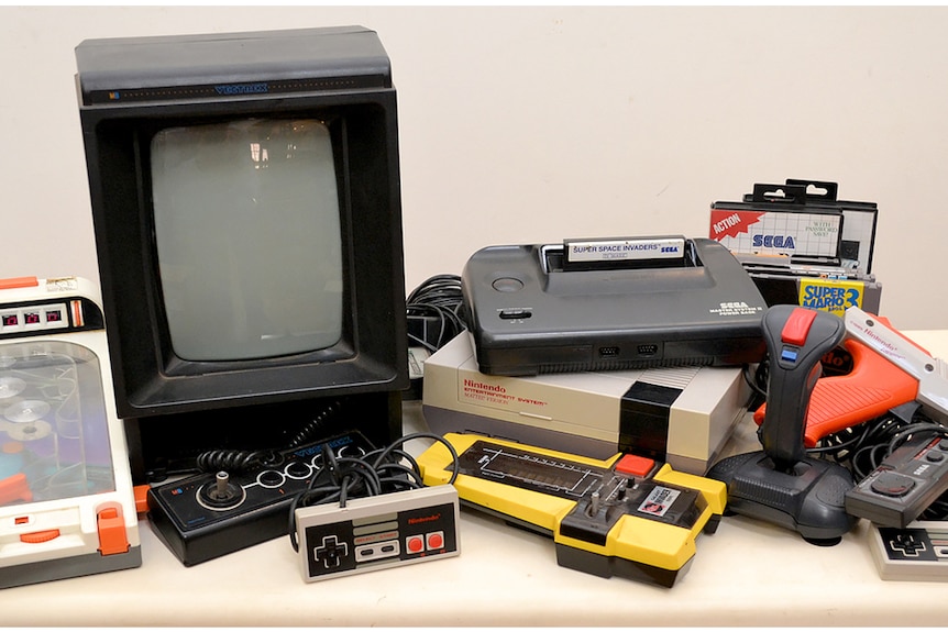 A number of 1980s video game consoles and accessories