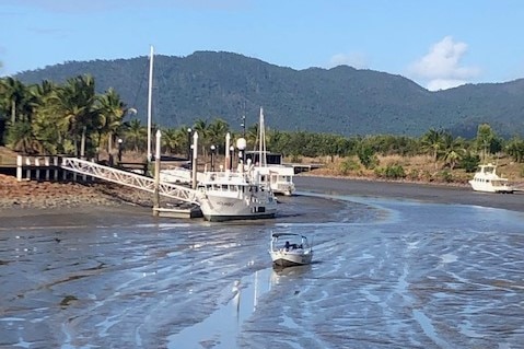 A small boat stuck in silt at low tide near a jetty in tropical north Queensland.
