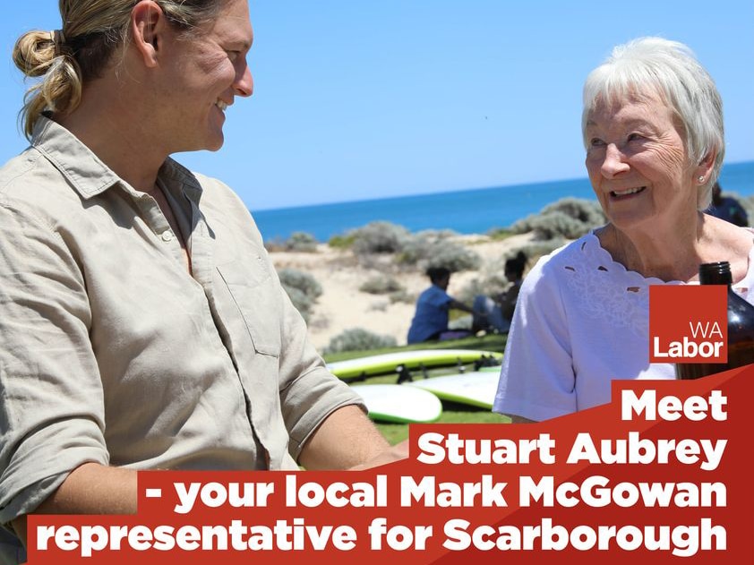 An ALP campaign ad featuring a man and a woman smiling at each other with the ocean behind them.