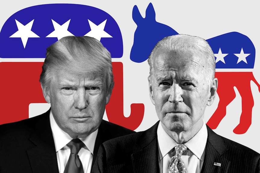 Cut outs of Donald Trump and Joe Biden in front of Republican and Democrat logos