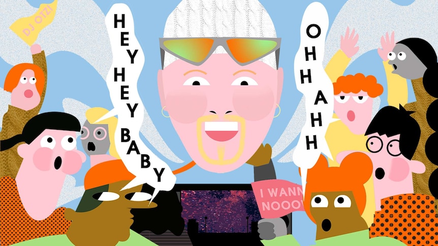 cartoon artwork of DJ Ötzi and festival punters chanting his 'Hey, Hey Baby, ooh ahh'