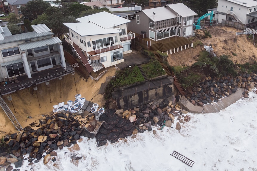 View of damaged houses along Terrigal Beach on the Central Coast.