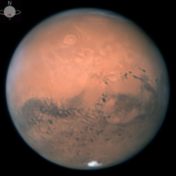 Close-up picture of Mars, showing its well-known features including Olympus Mons