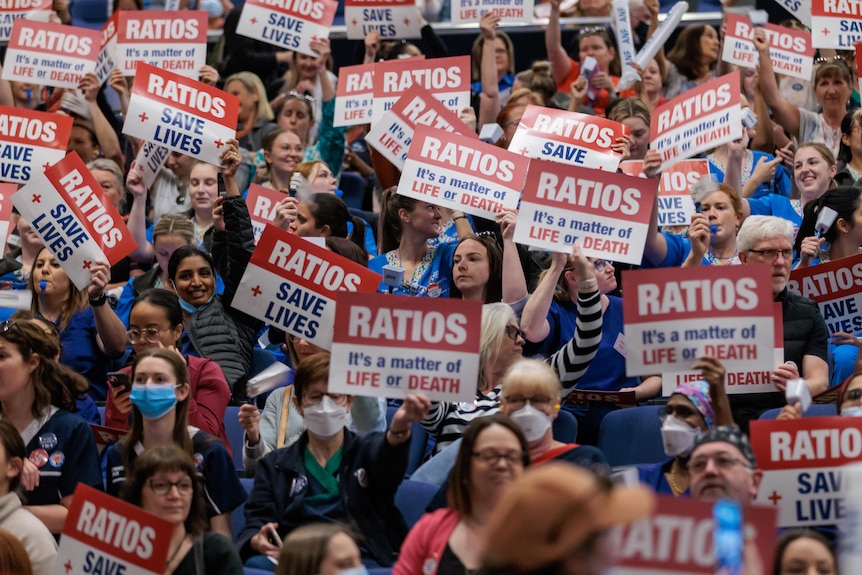 A group of people holding red and white signs in a large crowd