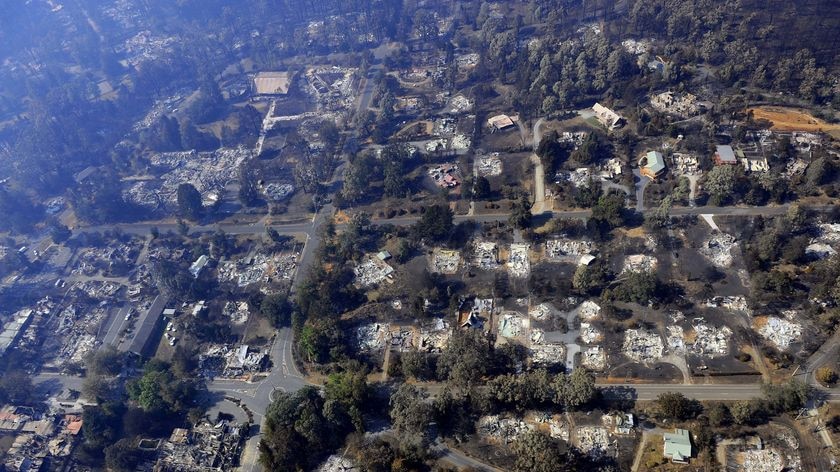 An aerial view of the town after the bushfires.