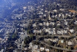 The remnants of houses at Marysville, destroyed by bushfires, line the streets of the town