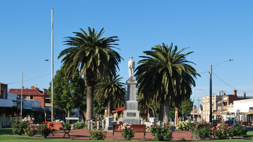 A wide shot of a war memorial flanked by palm trees in the median of a country town main street on a sunny day.