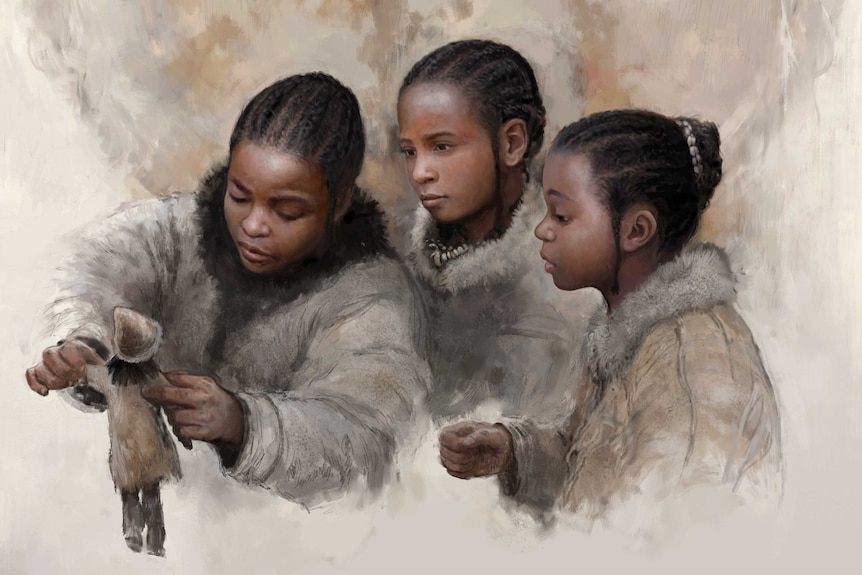 Reconstruction of European Palaeolithic girls playing with a doll