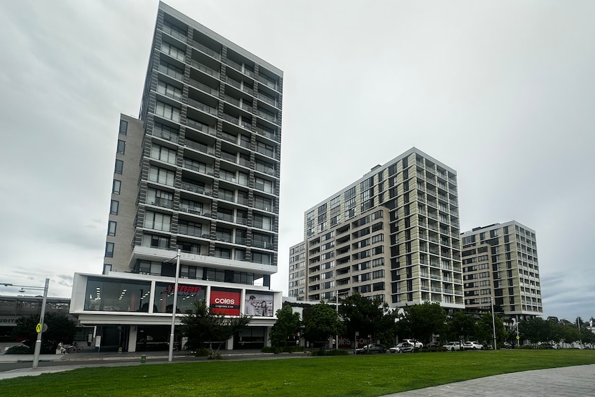 three high-rise buildings visible with trees and grass in foreground