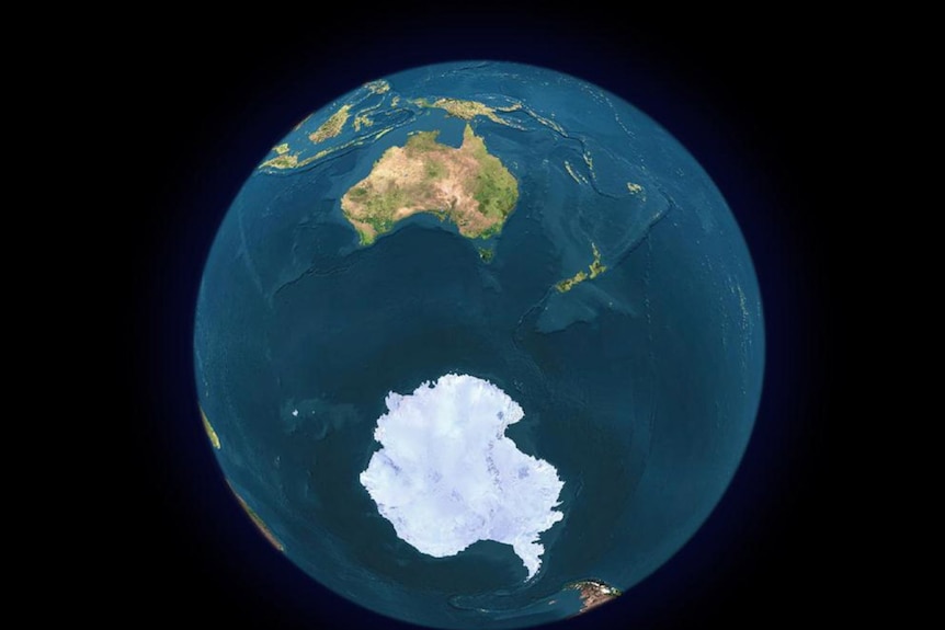 A globe showing Antarctica.