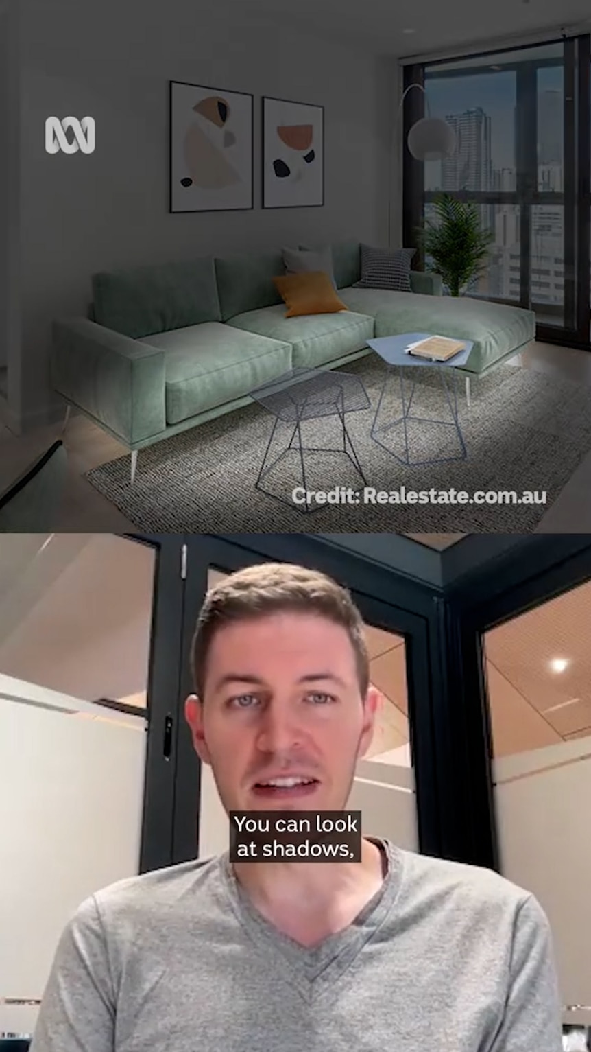 Top half of screen highlights the use of AI in a real estate listing, bottom half of screen shows man talking to camera