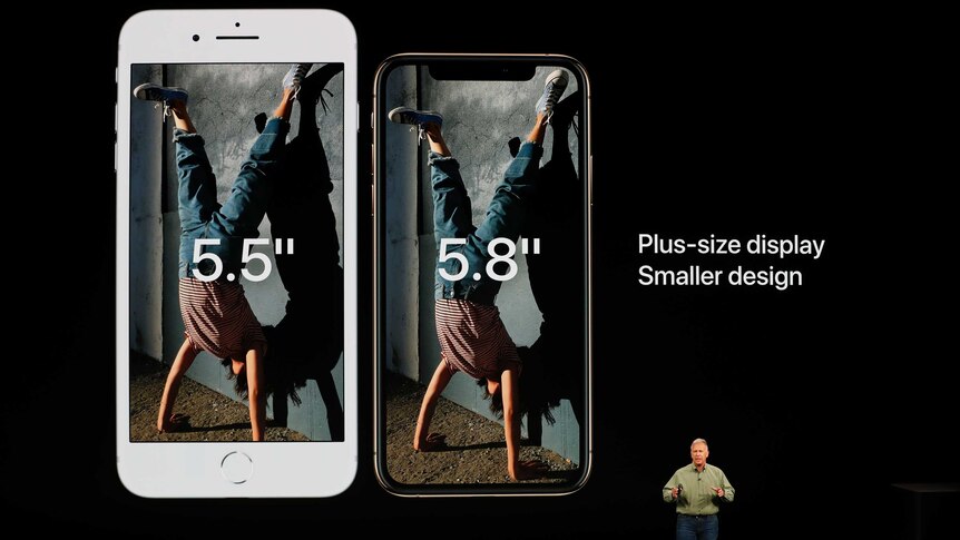 Philip W. Schiller, Senior Vice President, Worldwide Marketing of Apple, stands on stage to launch the new iPhones