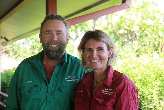 Jane Armstrong (R) in a red pastoral shirt.