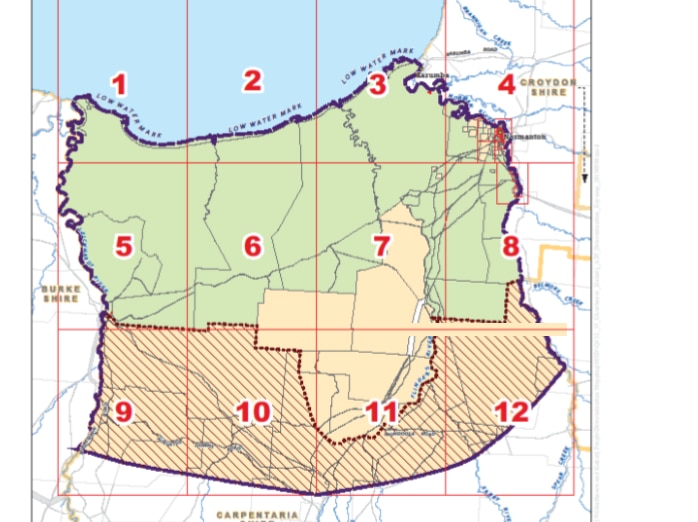 A map of shires in the Gulf of Carpentaria depicting the native title determination area granted to Gkuthaarn and Kukatj people.