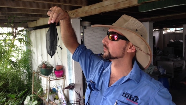 An Eliminate Dengue staff member checks for mosquitoes during an inspection in Townsville