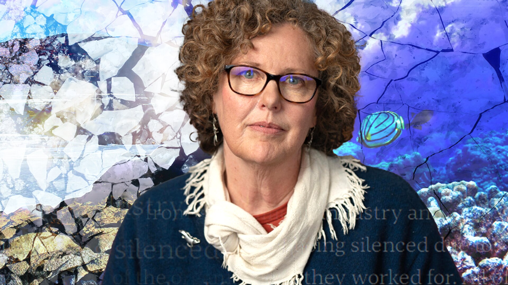 A collage of a penguin, a portrait of a woman, with artistic vision of Antarctica and coral reef.