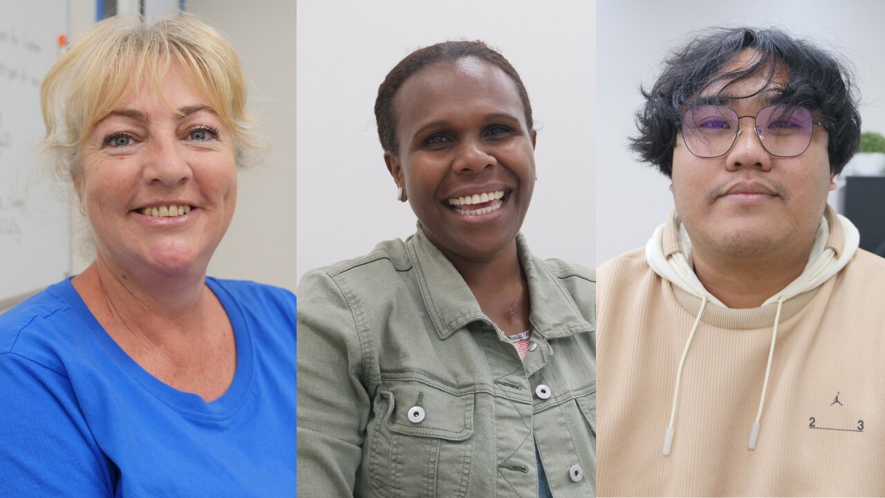 Three head shots side by side of people smiling at the camera. 