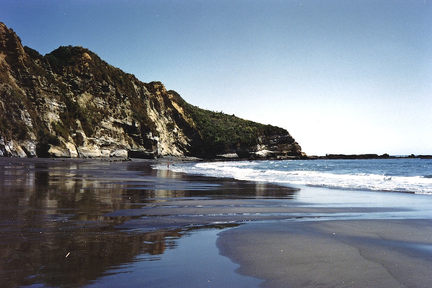 Waves wash onto a beach with black sand and high cliffs.