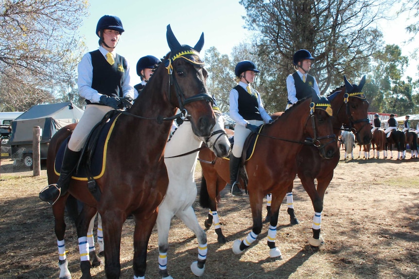 Four female students from Yanco Agricultural School sit on horses at an equestrian event