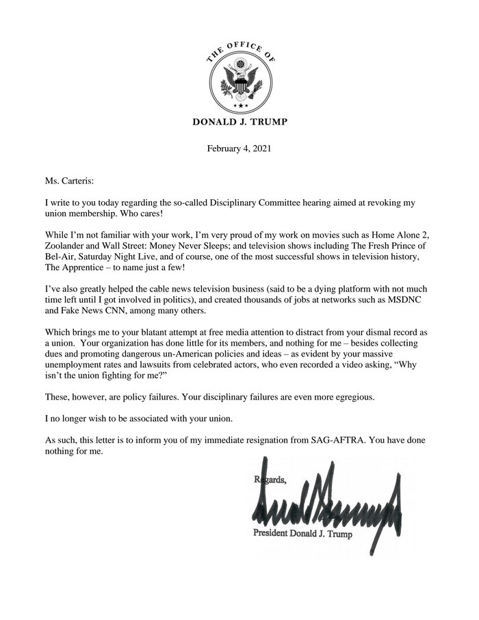 a letter written by donald trump dated february 4, 2021 with the letterhead of office of donald j trump