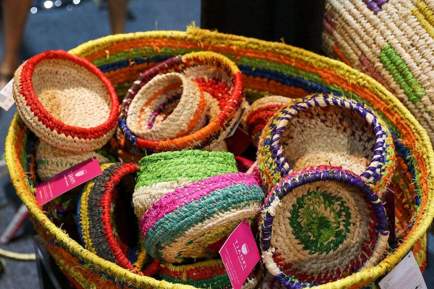 Dozens of weaved baskets are shown on display at the fair.