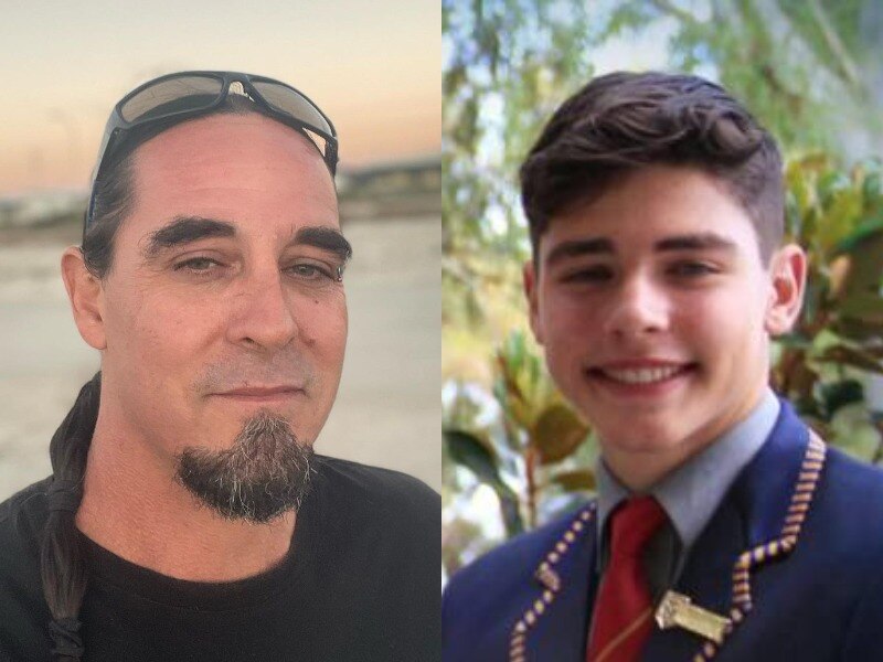 Two images side by side of an older man with a long ponytail and a teenage boy in a school uniform