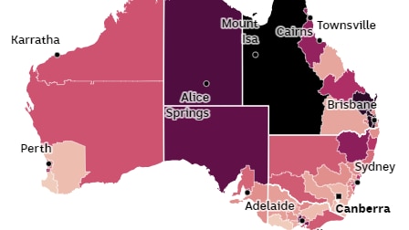 A map of Australia showing regional unemployment rates through colour-coding.