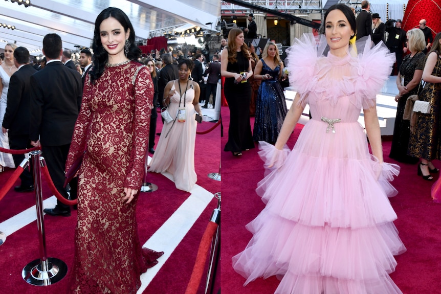Krysten Ritter wears a red lace dress, while Kacey Musgraves wears a pale pink, frilly gown.
