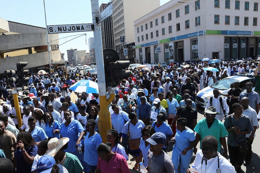 A large crowd of people striking on a street
