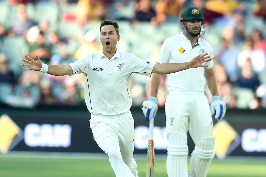 Trent Boult celebrates Voges dismissal