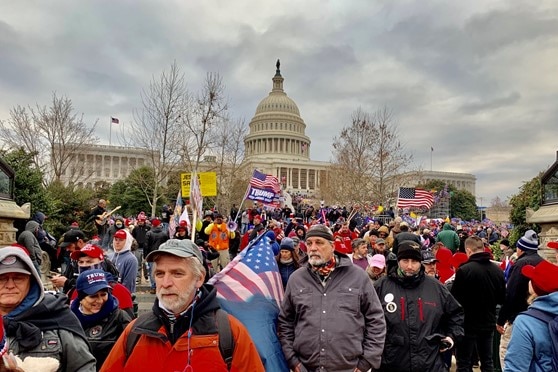 Crowd of flag-saving protesters with Capitol Building in the background.