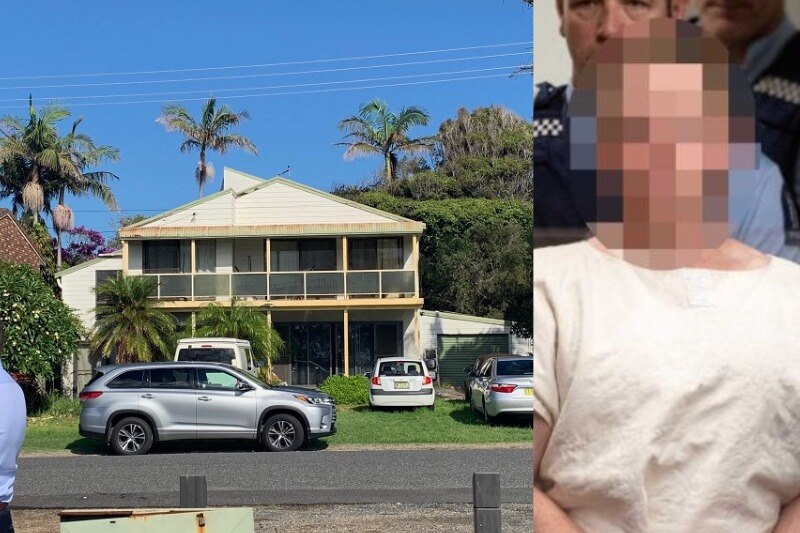 A composite image of a house and the blurred face of a man in court.