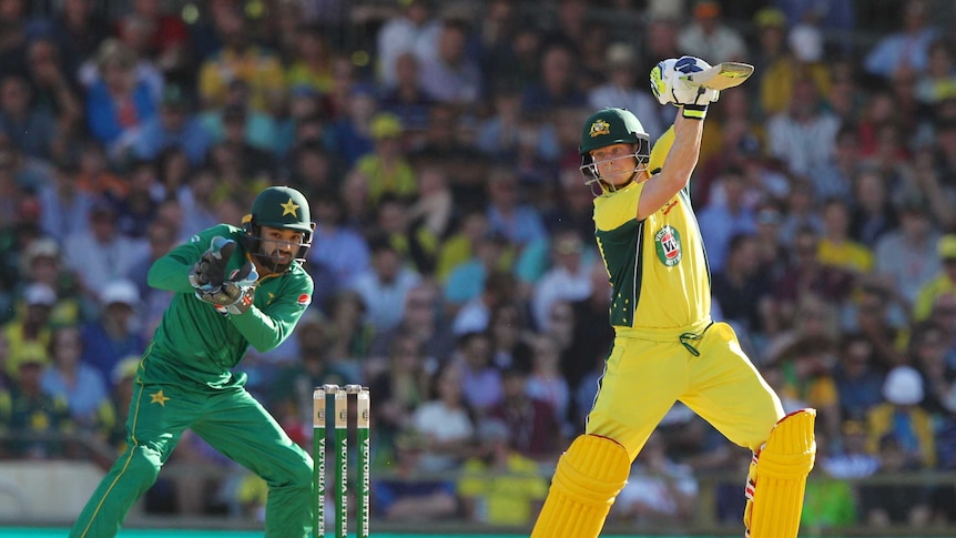 Steve Smith drives against Pakistan