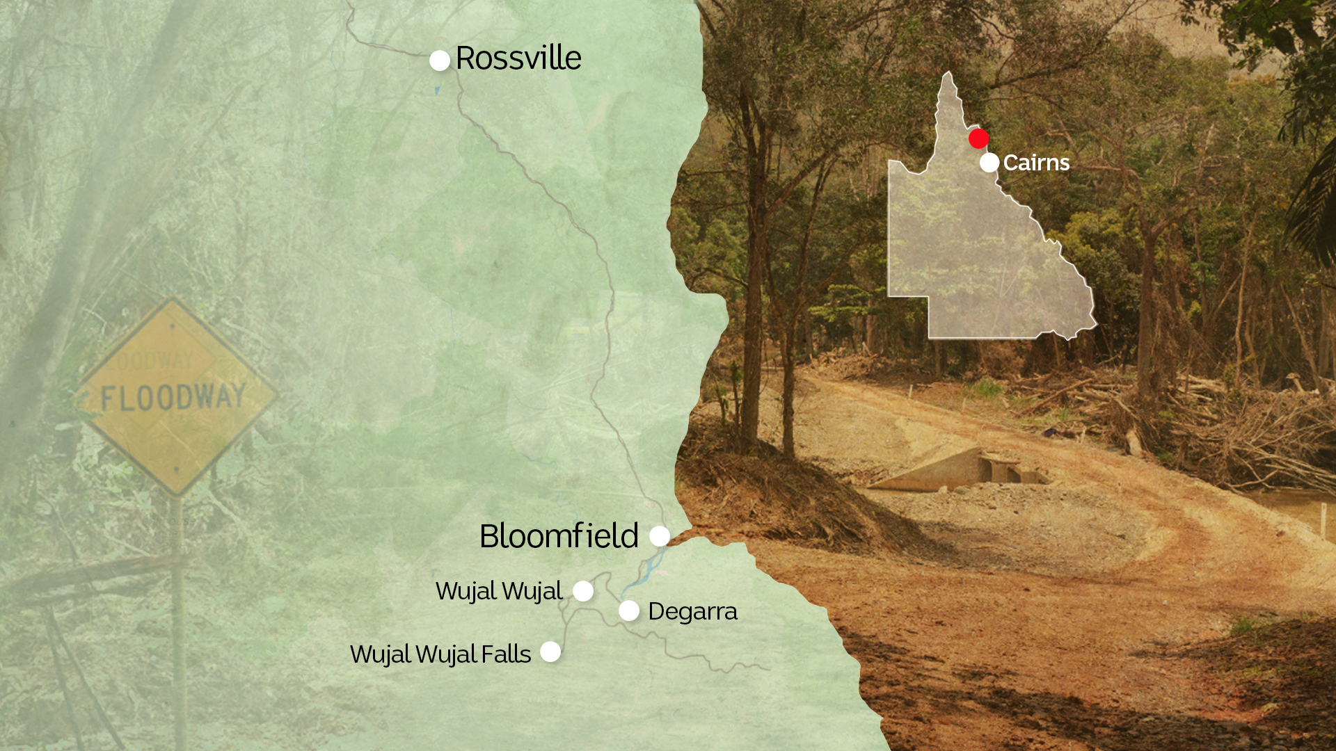 A map of Queensland, a muddy road, a floodway sign and Bloomfield on the map.
